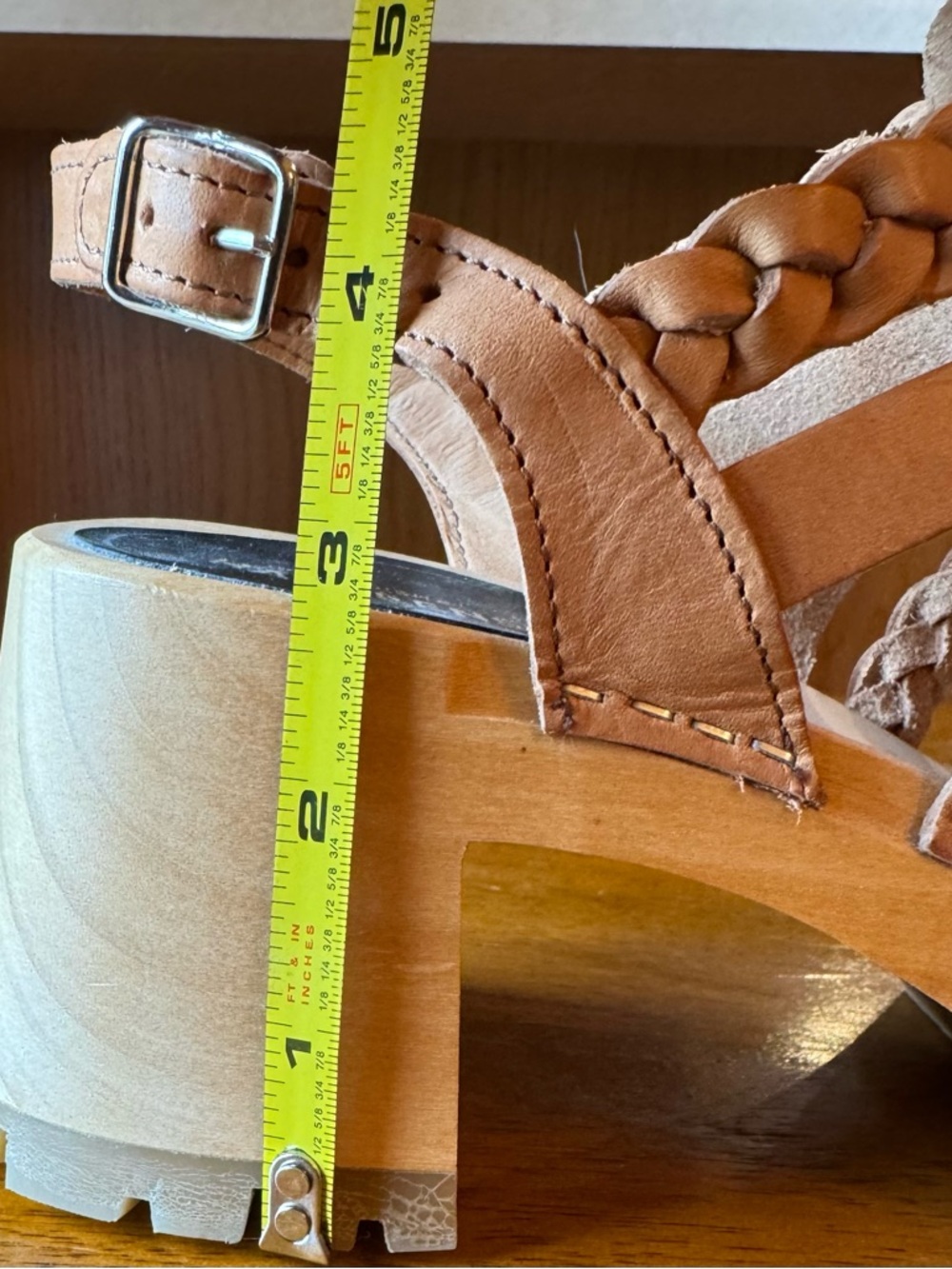 New Swedish Hasbeens Braided Tan Leather Wood Platform Sandals - Picture 6 of 10